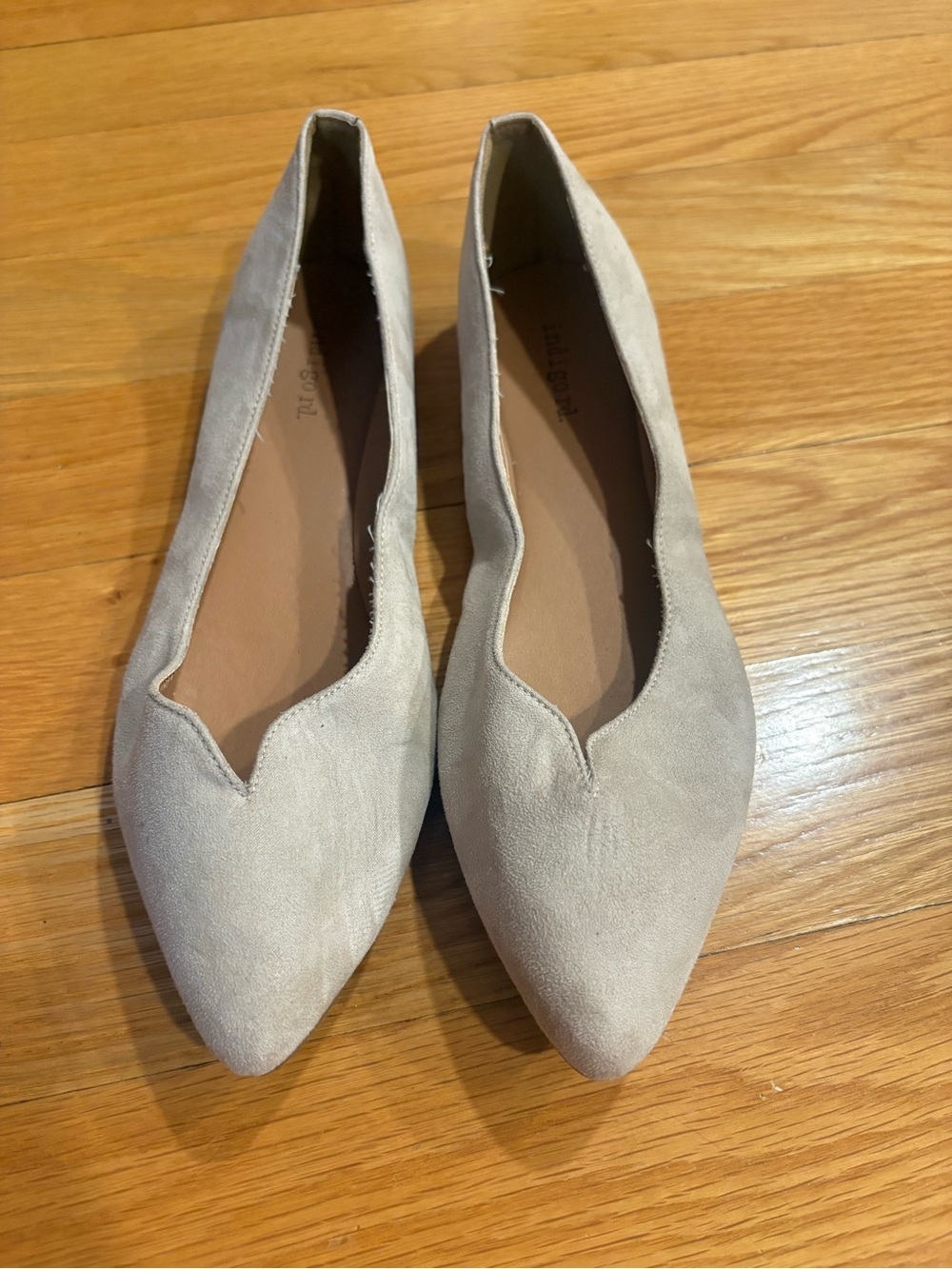 Indigo Light Beige Suede Pointed-Toe Flats - Picture 1 of 3